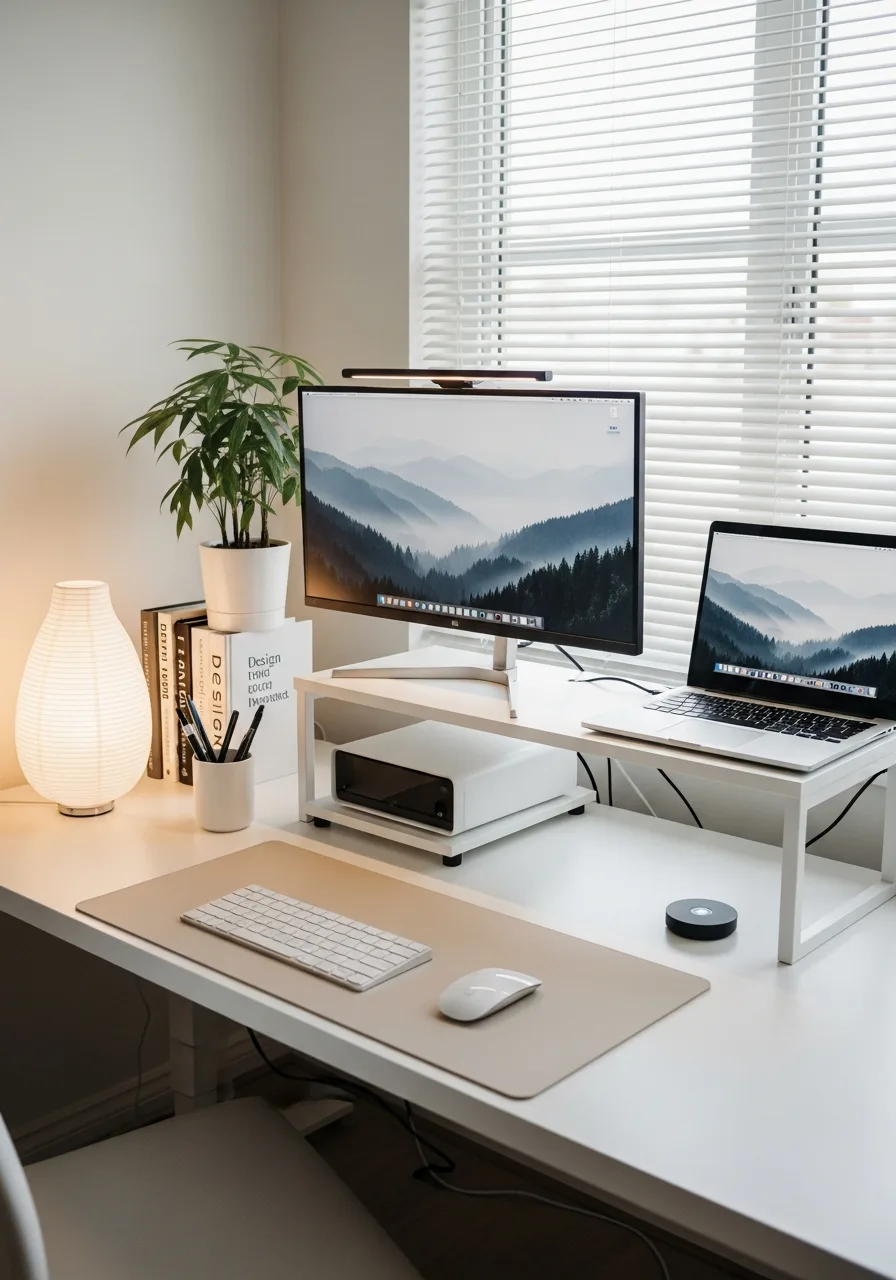 Cream monitor-shelf desk setup