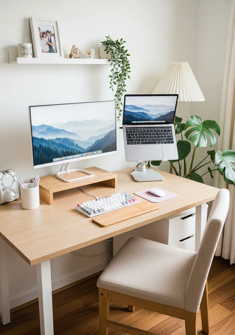 Pastel gradient wood desk setup