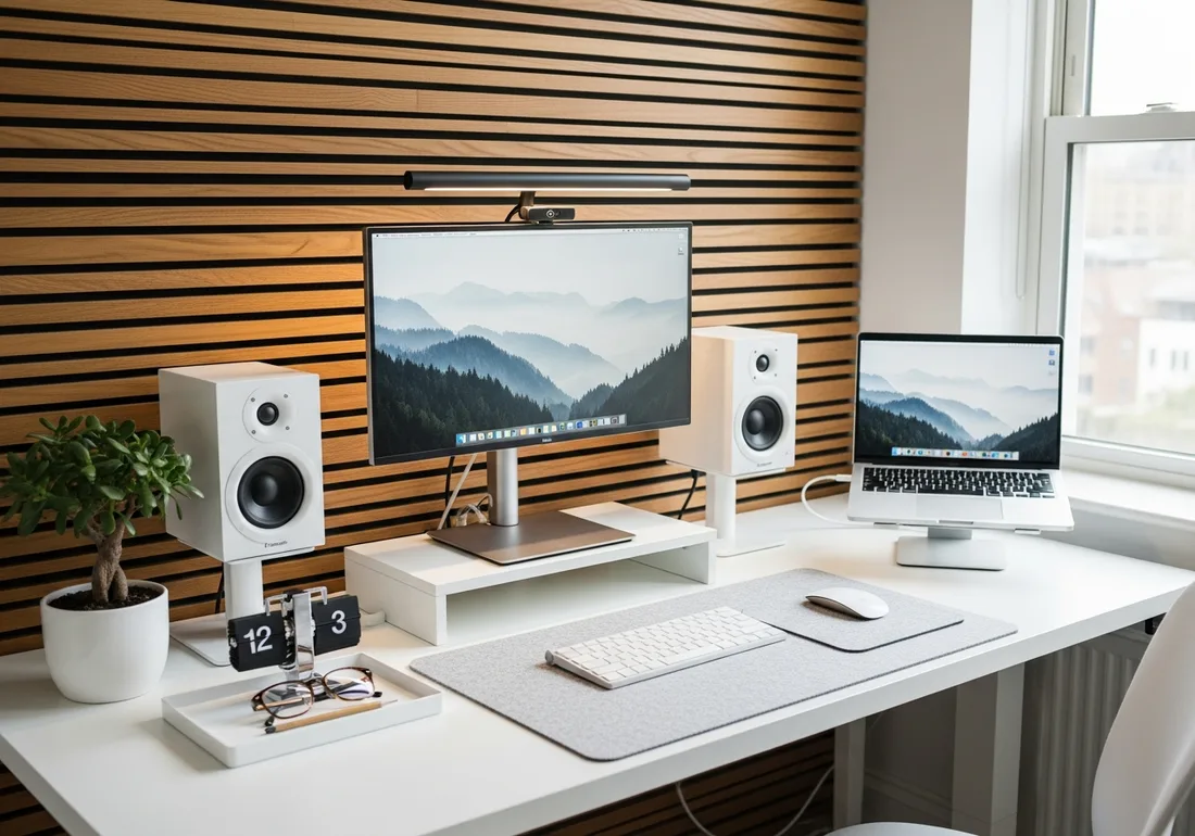 Flip-clock slat-wall desk setup