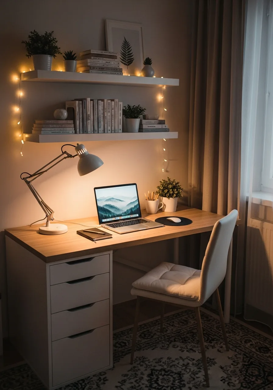 Cozy laptop evening desk setup