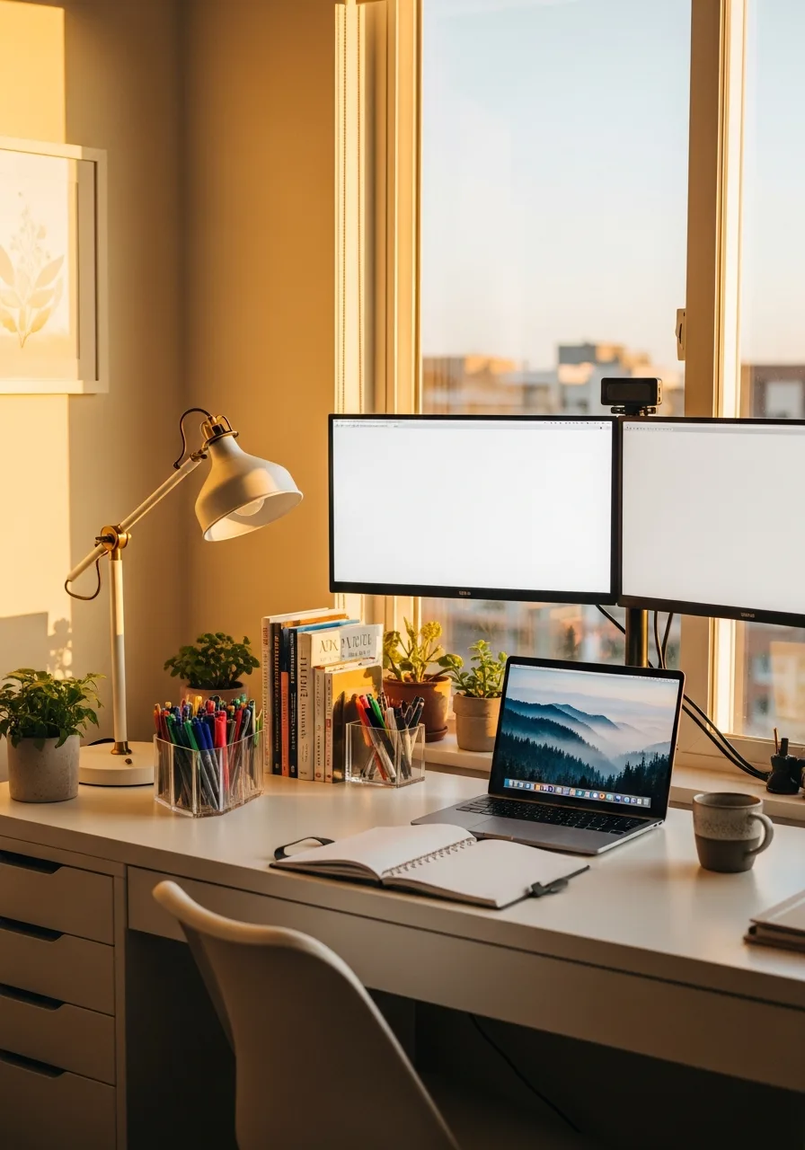 Sunset study planner desk setup