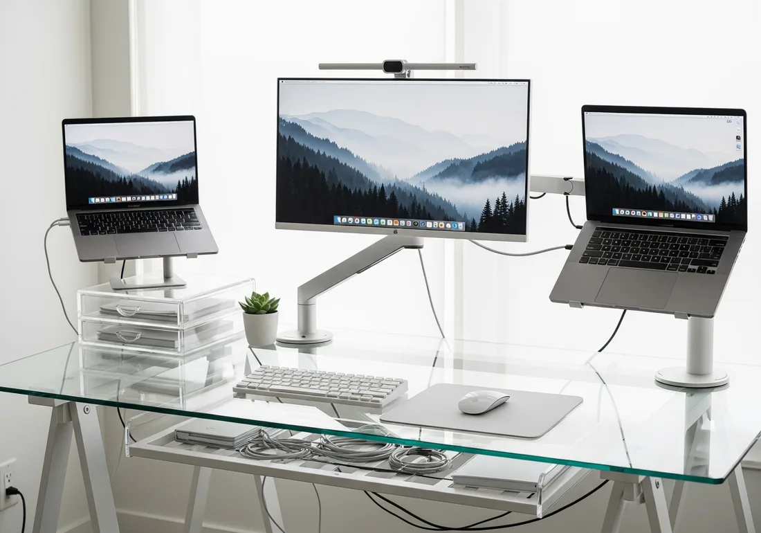 Glass-top floating-arm desk setup