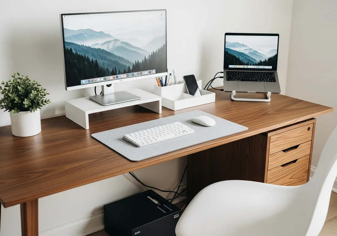 Walnut and white tidy desk setup