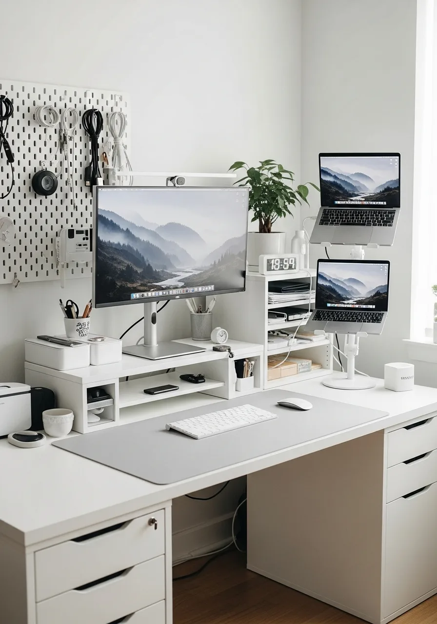 Drawer-storage white desk setup