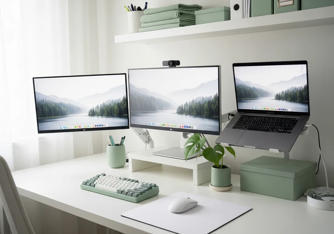 Sage and white fresh desk setup