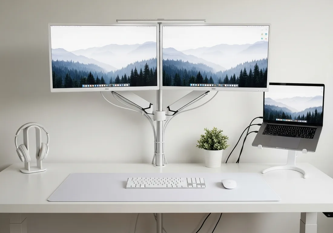 Cable-managed dual-monitor desk setup