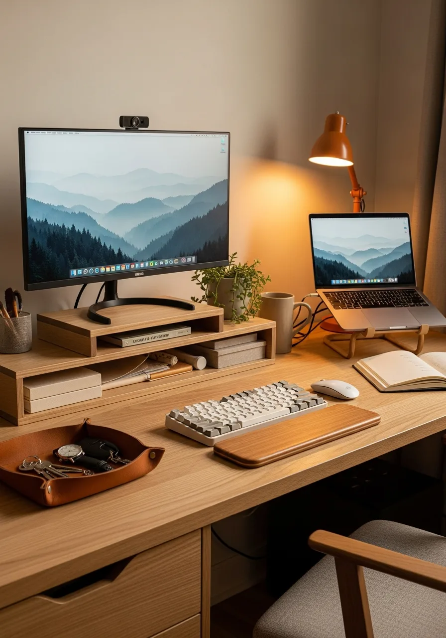 Hidden-storage wood desk setup