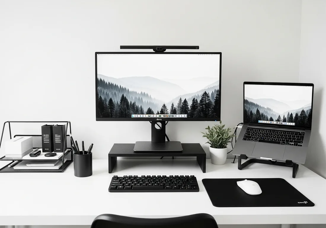 Black-and-white organized desk setup