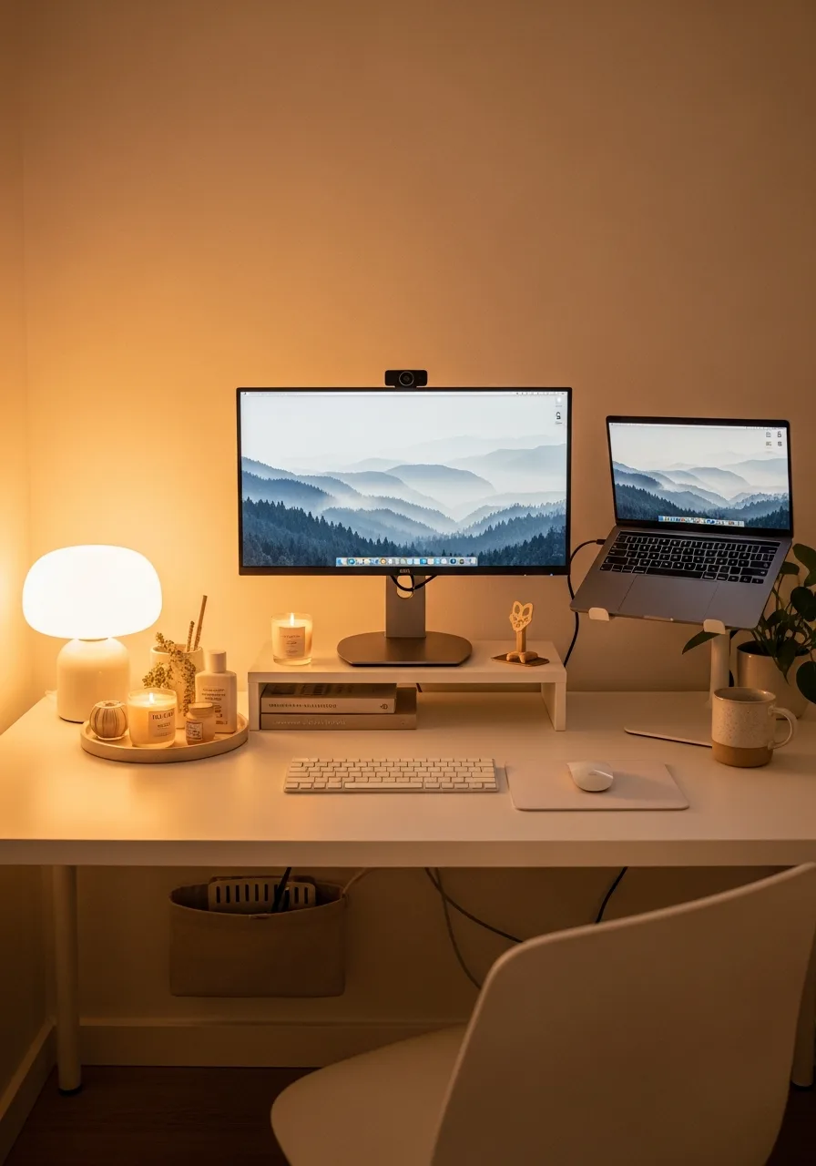 Cream cable-free cozy desk setup