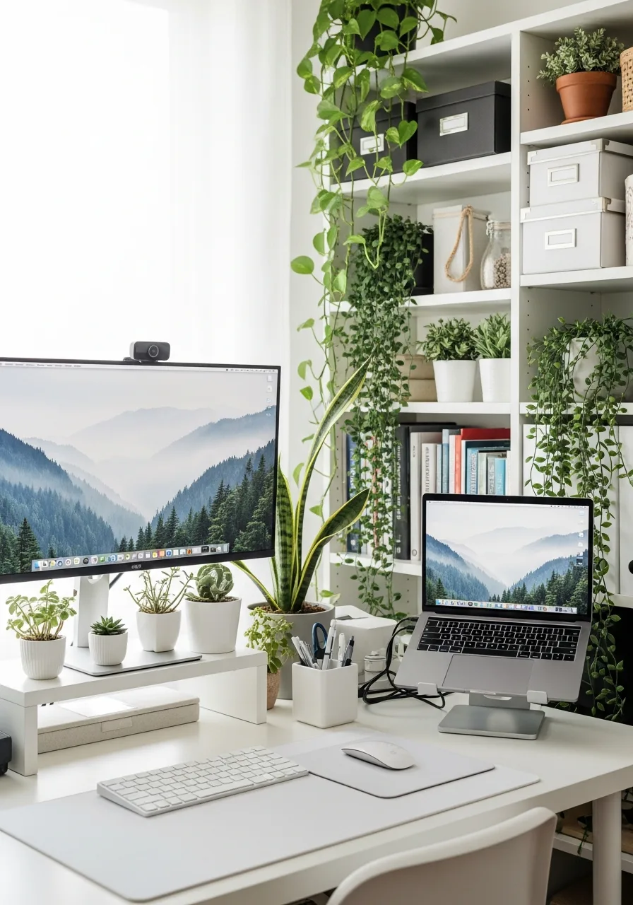 Plant-and-storage bright desk setup