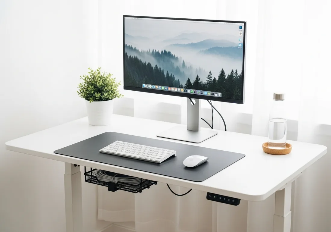 Tidy white standing desk setup