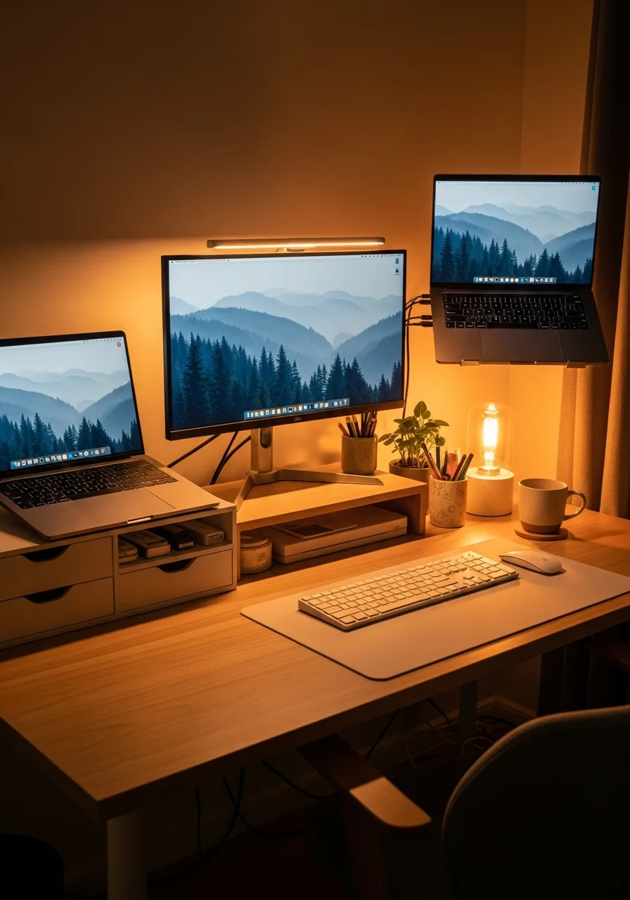 Warm light-bar evening desk setup