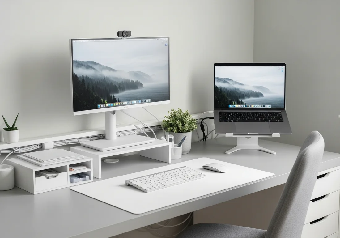 Grey and white modern desk setup