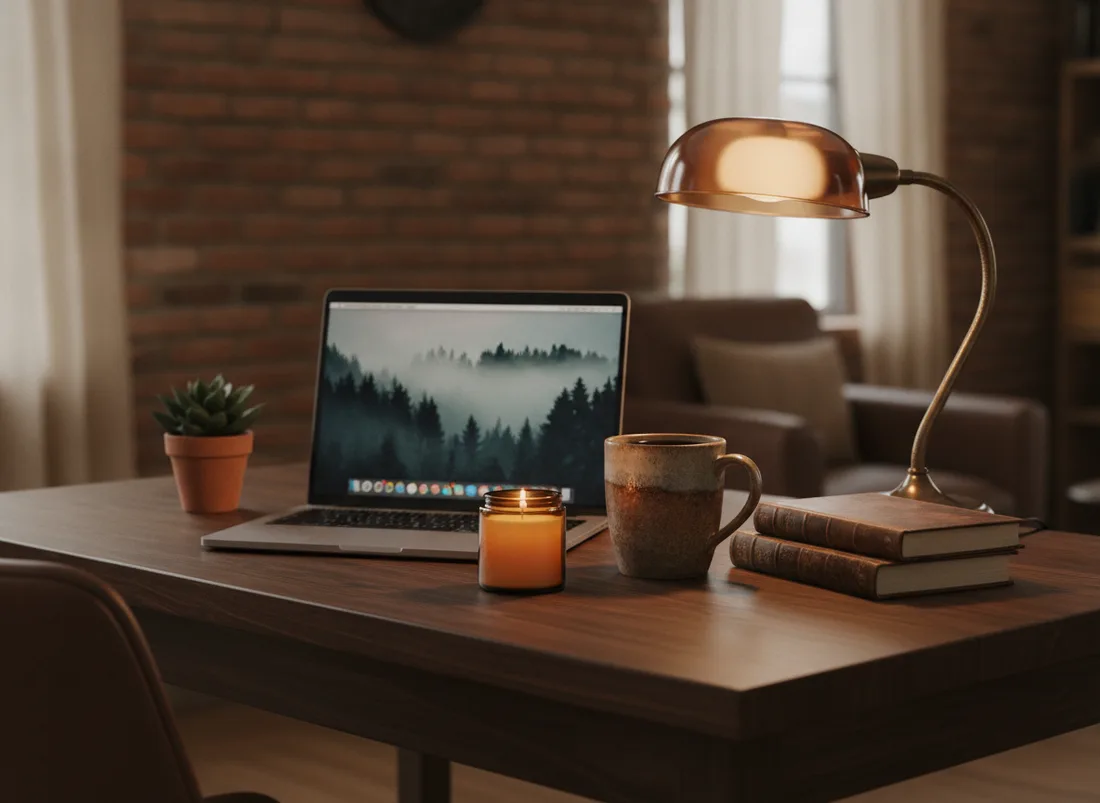 Coffee-house cozy desk setup