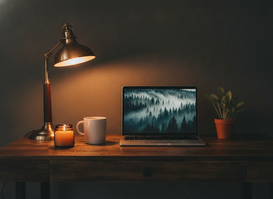 Dark moody warm desk setup