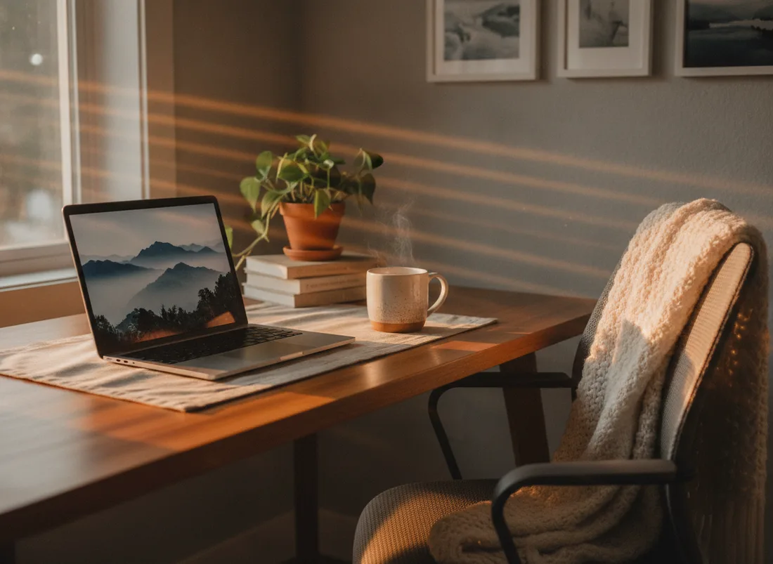 Sunset golden desk setup