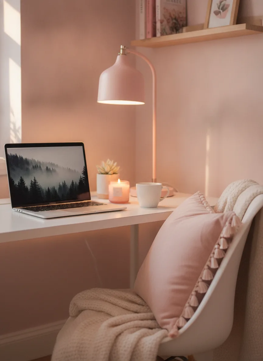 Pastel pink cozy desk setup