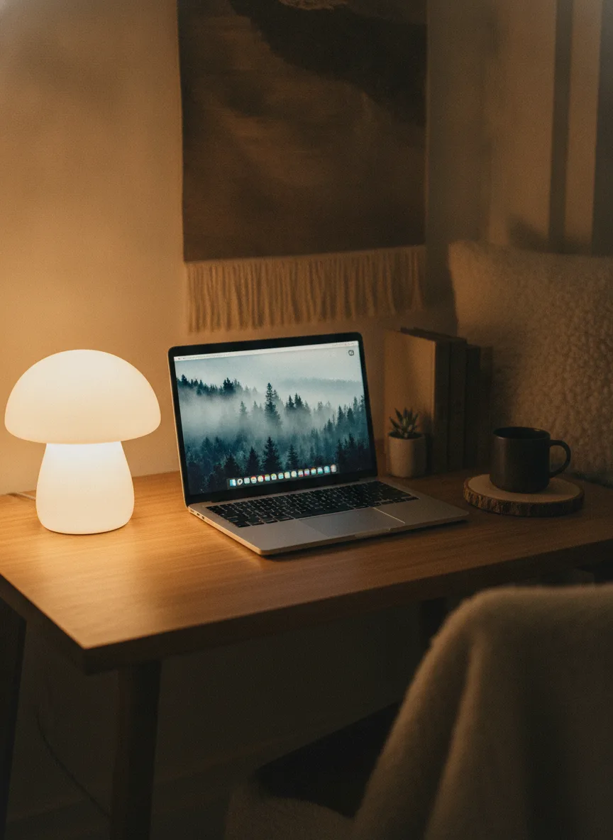 Mushroom-lamp nook desk setup