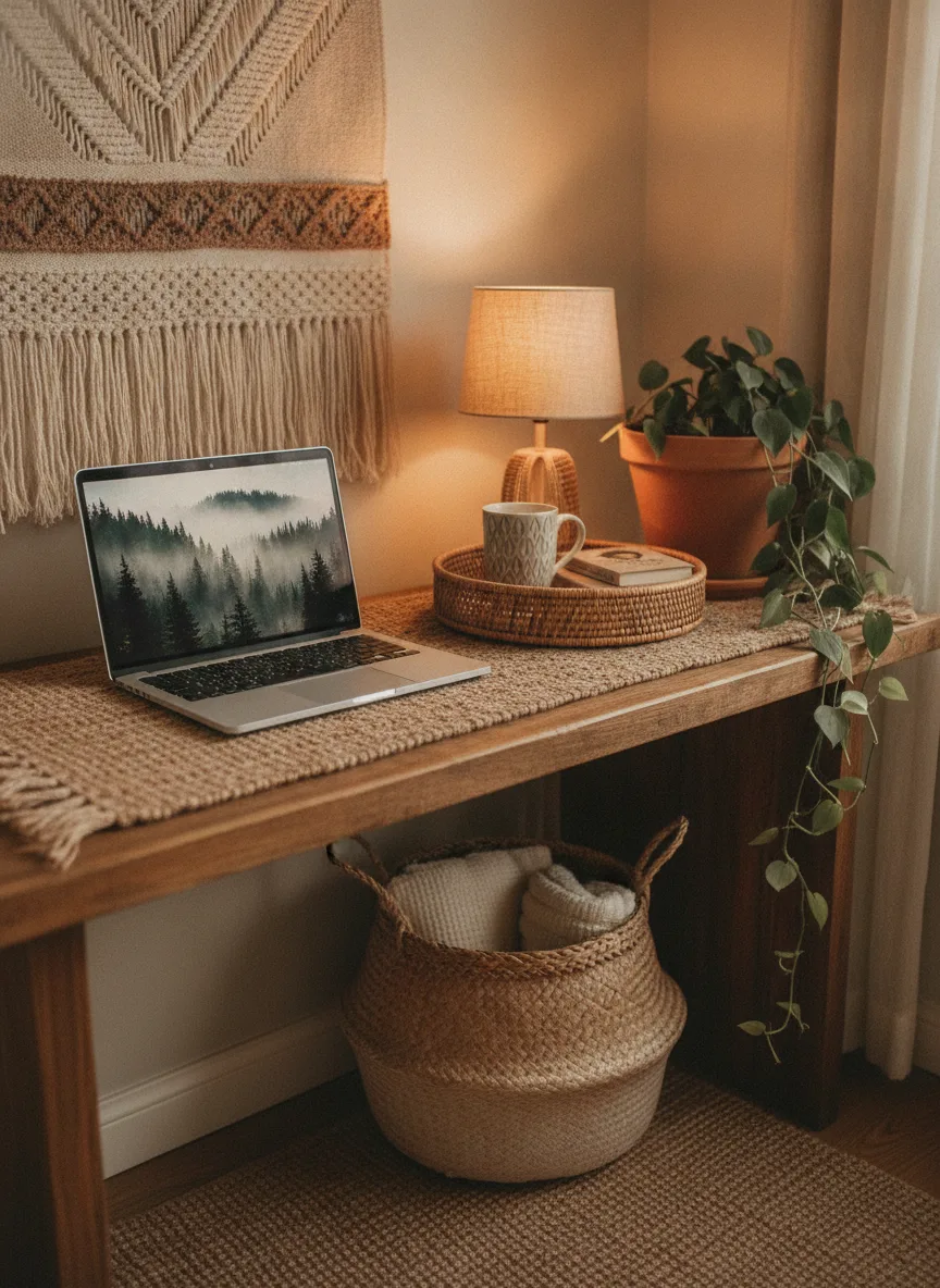 Boho cozy desk setup
