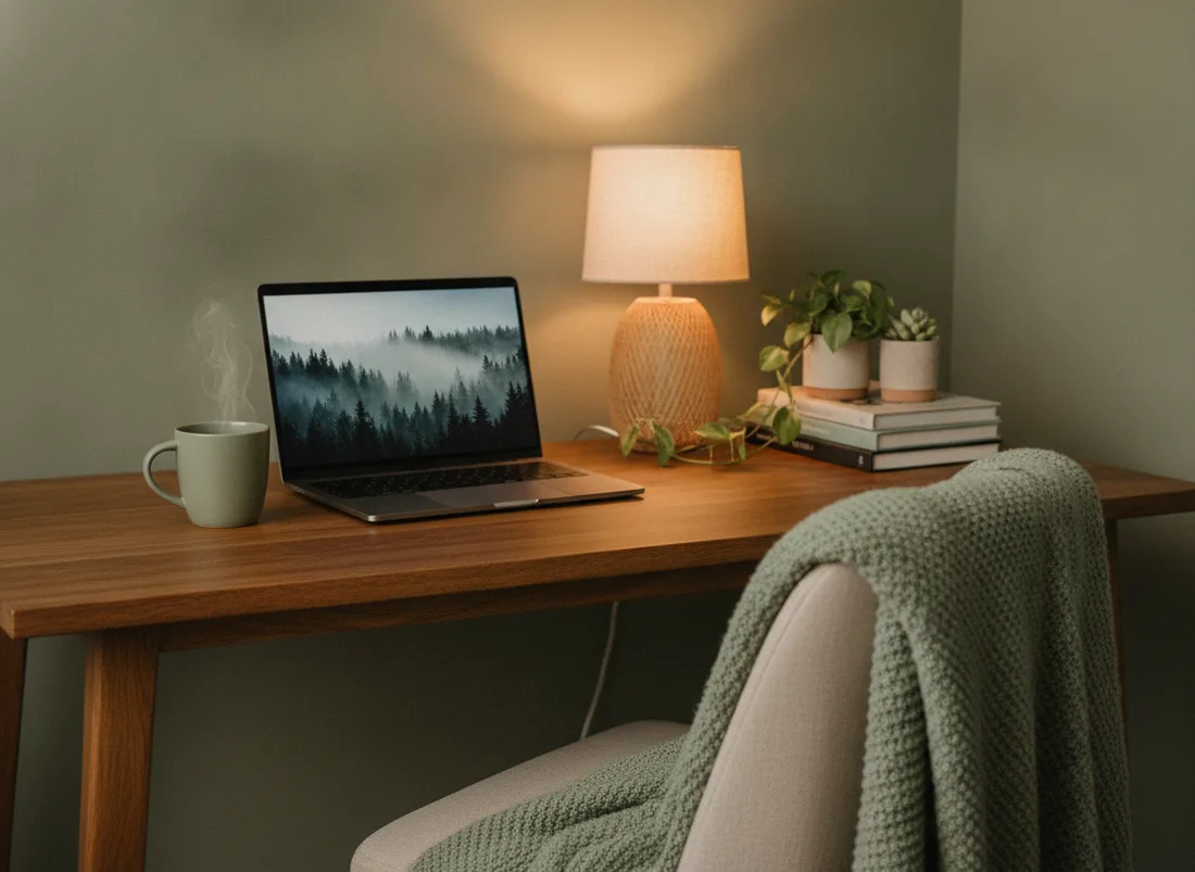 Sage cozy desk setup