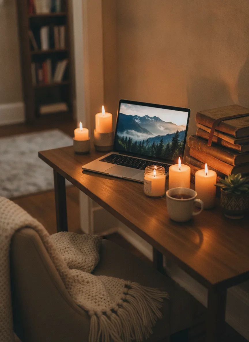 Candle-and-books desk setup
