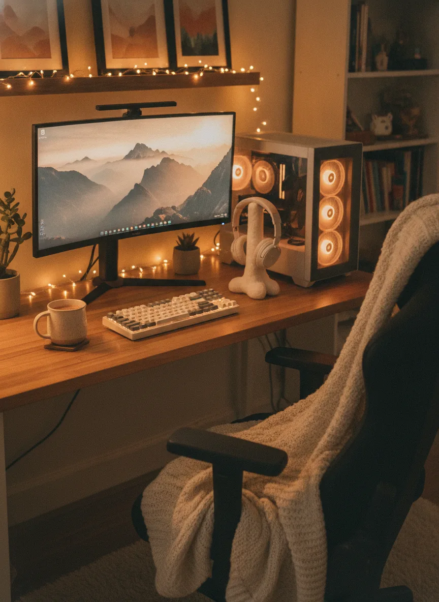 Cozy warm-RGB gamer desk setup
