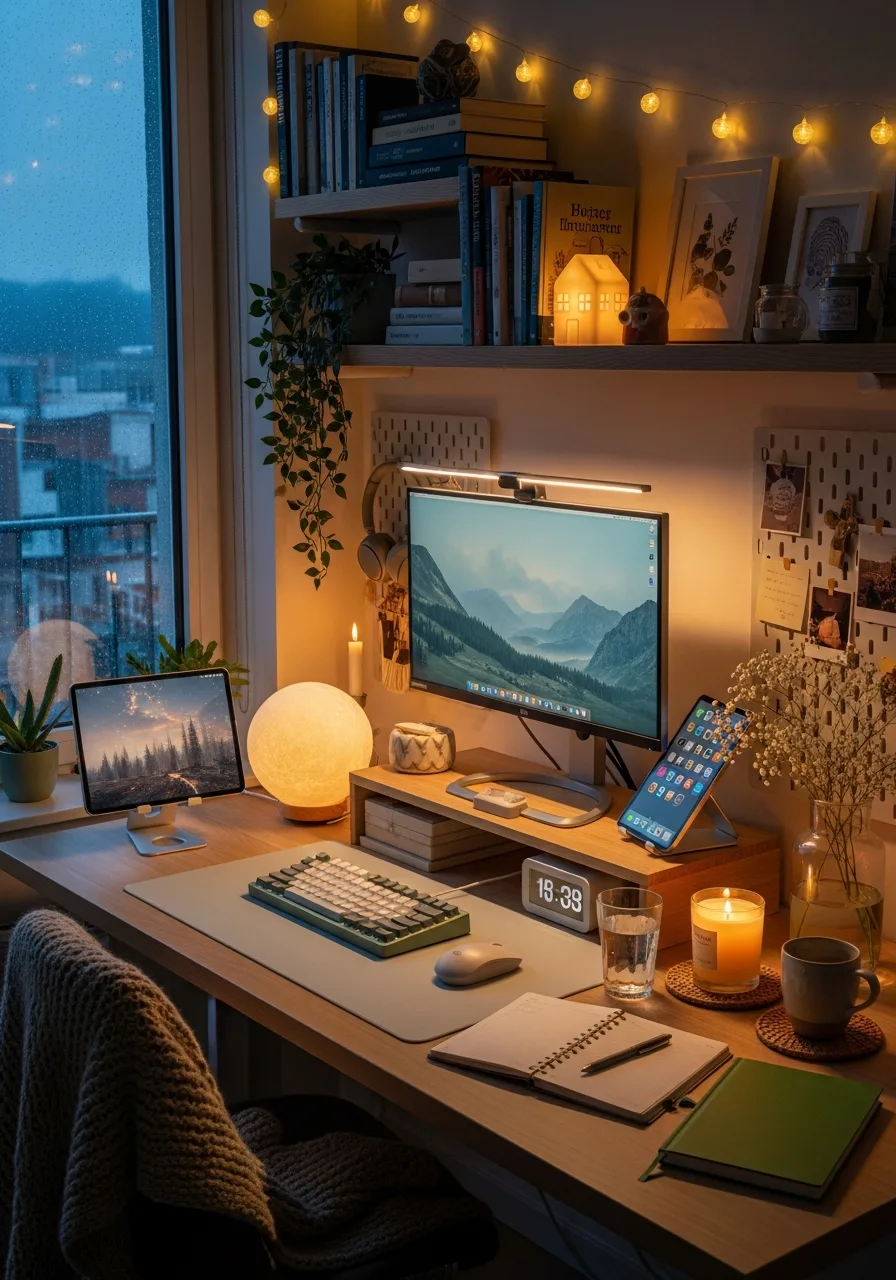 Sage rainy-night cozy desk setup