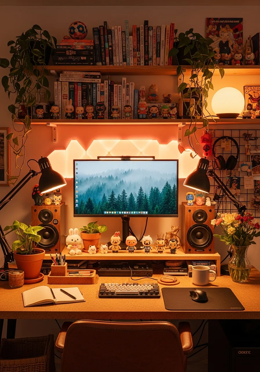 Retro character-filled desk setup