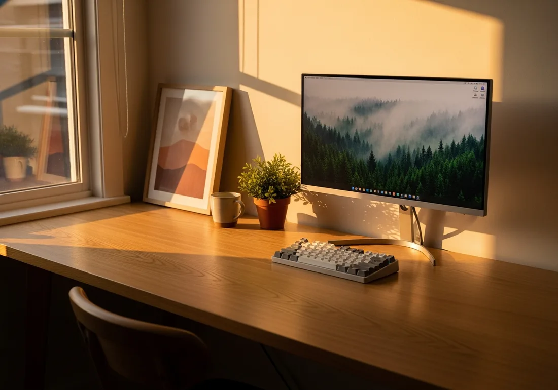 Warm minimal oak desk setup