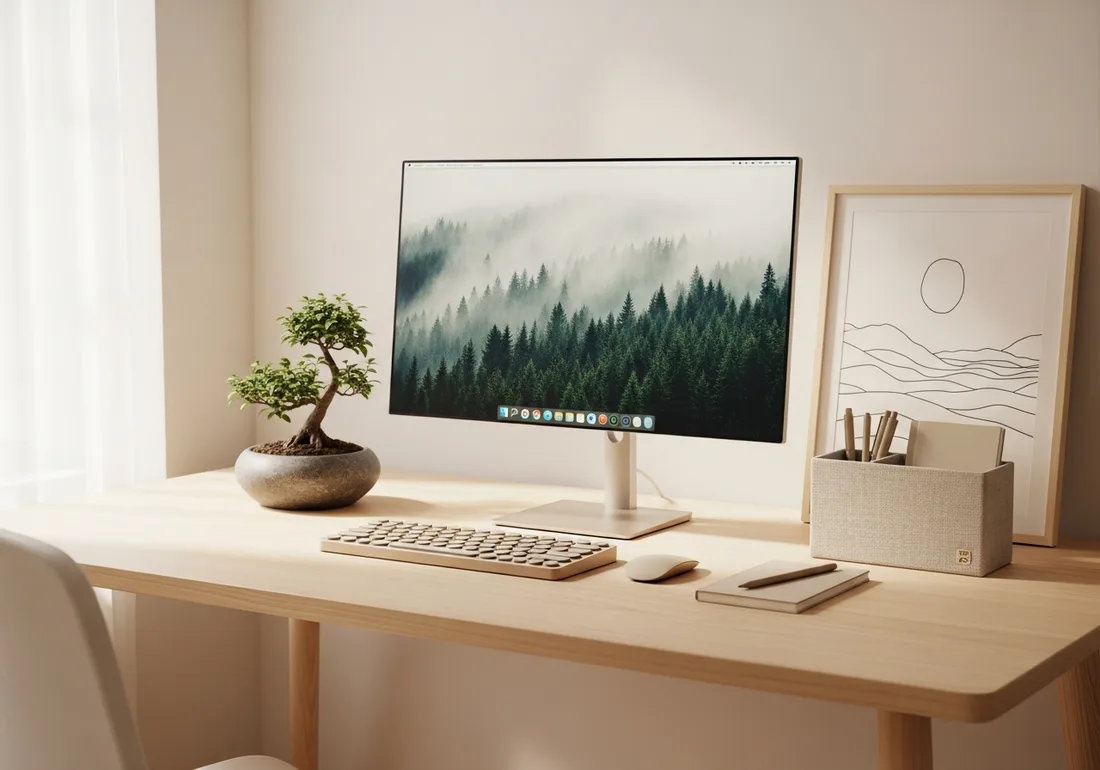 Beige Japandi calm desk setup