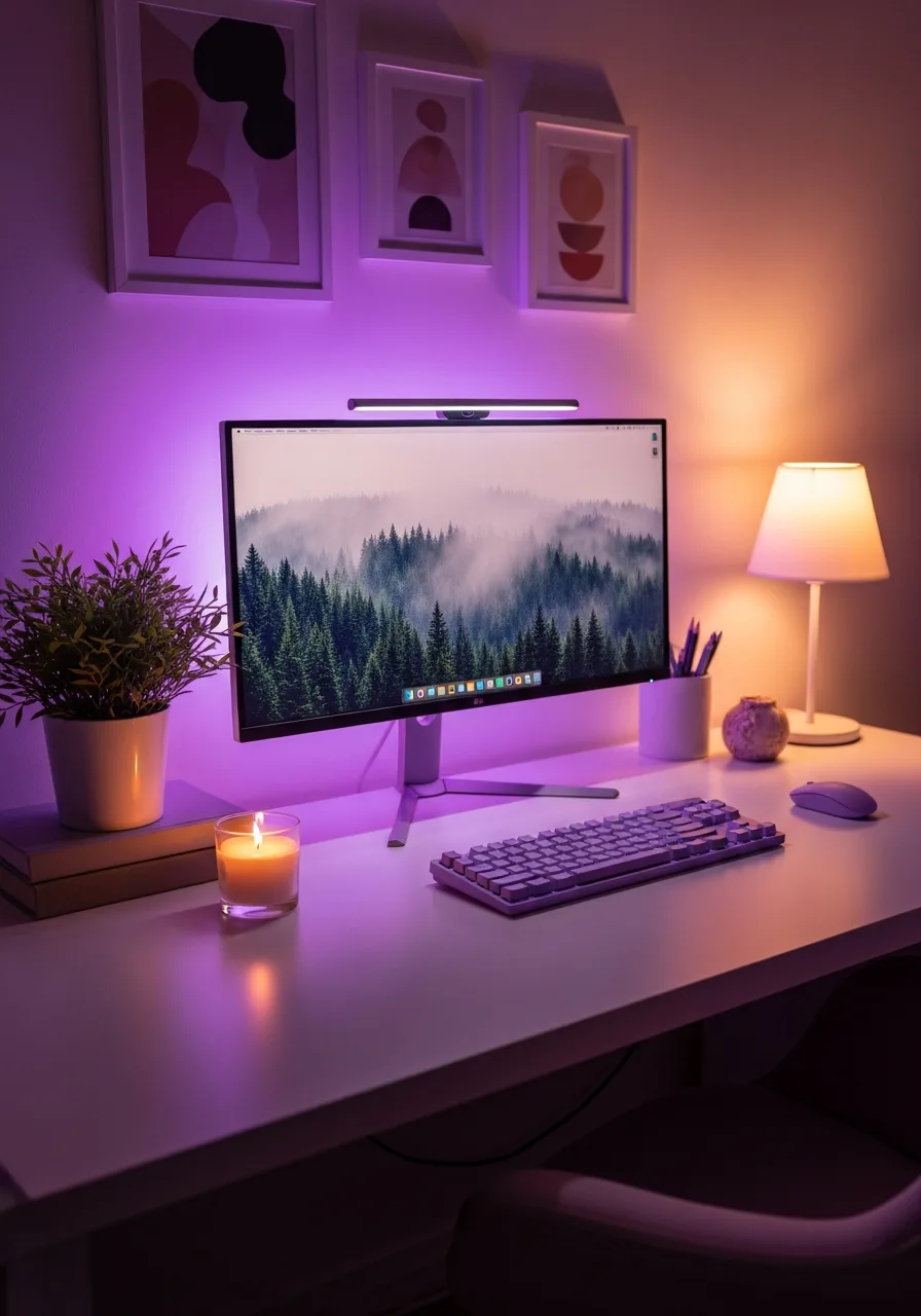 Lavender cozy night desk setup