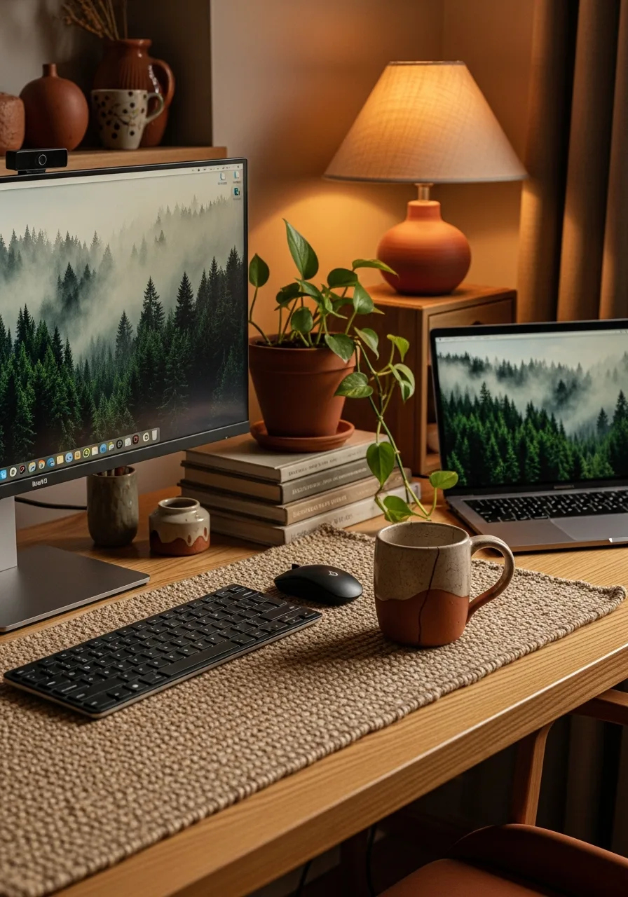 Terracotta earthy desk setup