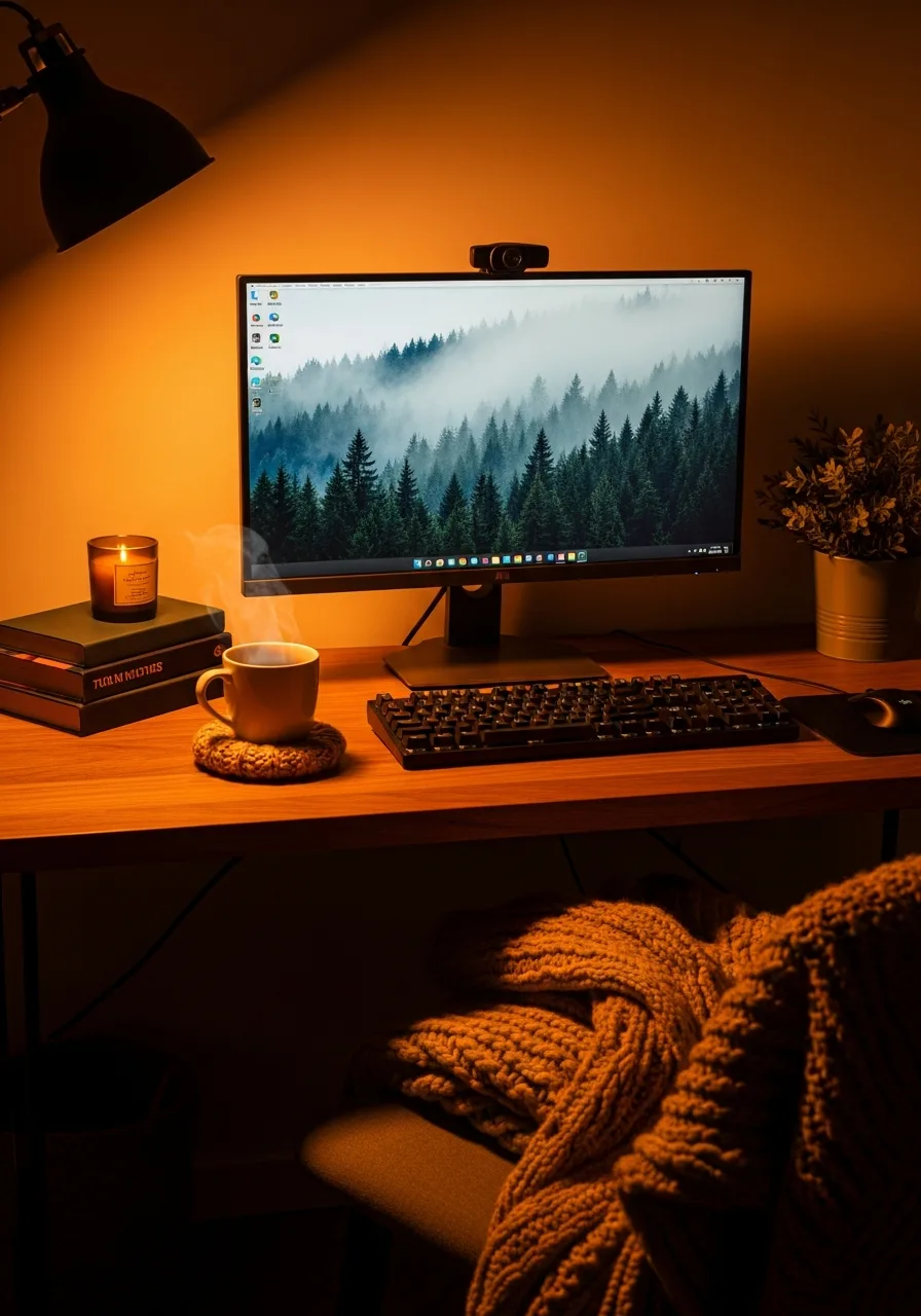Amber autumn cozy desk setup