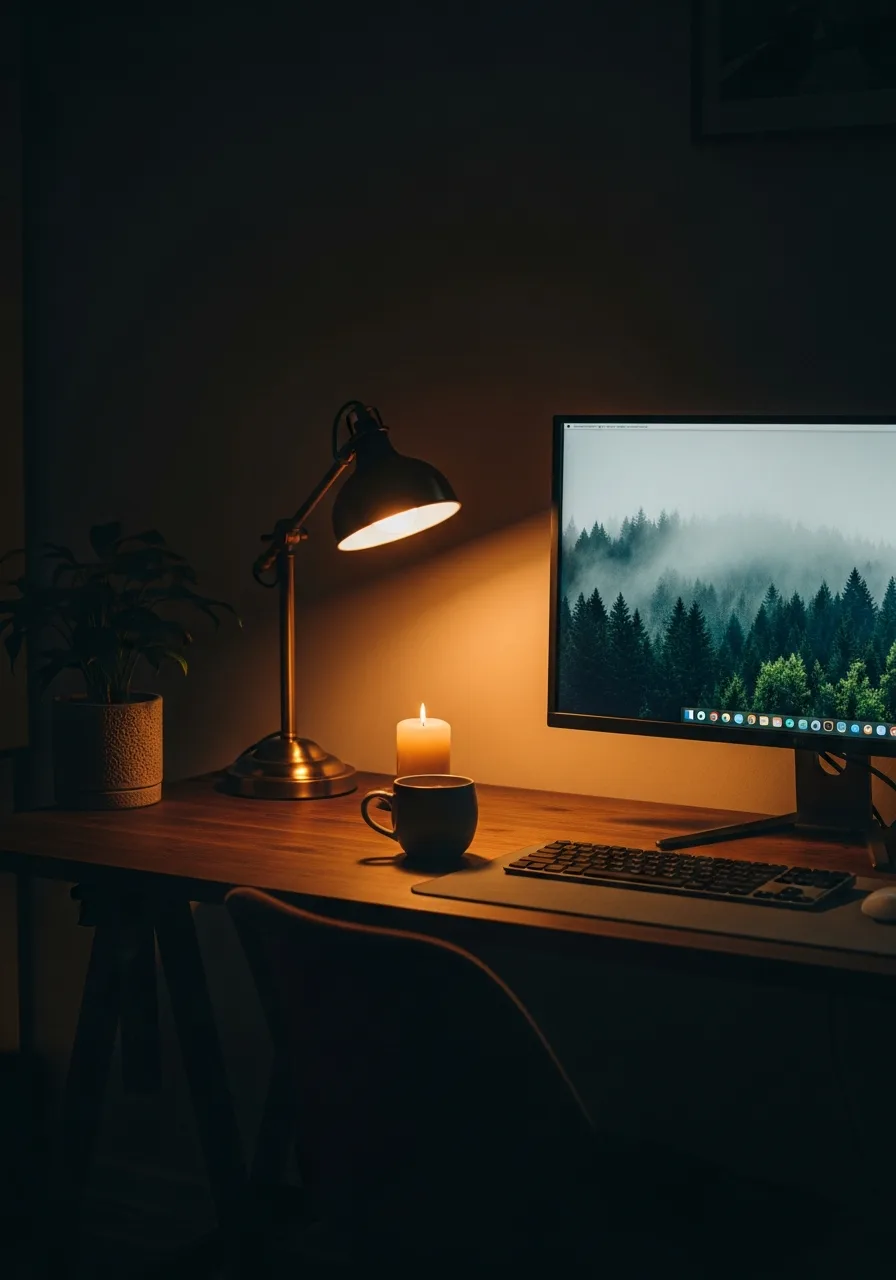 Dark moody warm desk setup