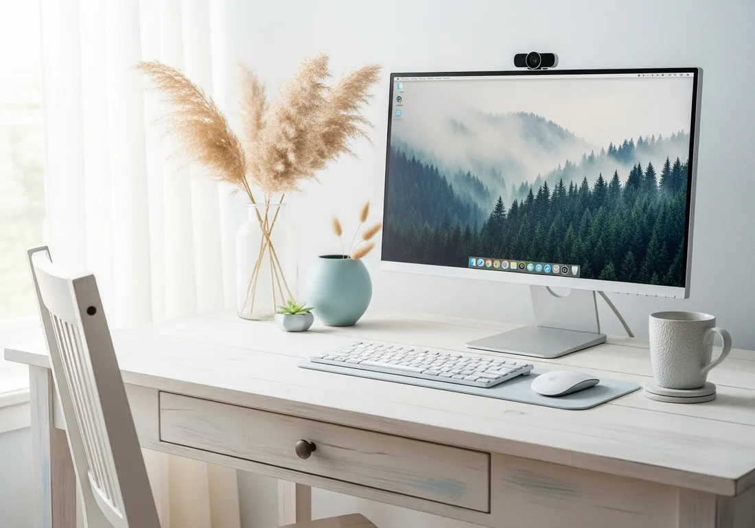 Coastal cream & blue desk setup