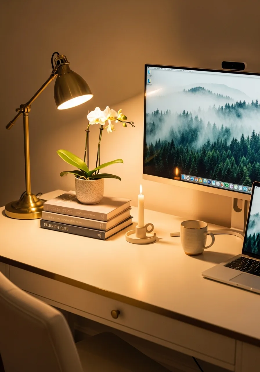 Cream & gold elegant desk setup