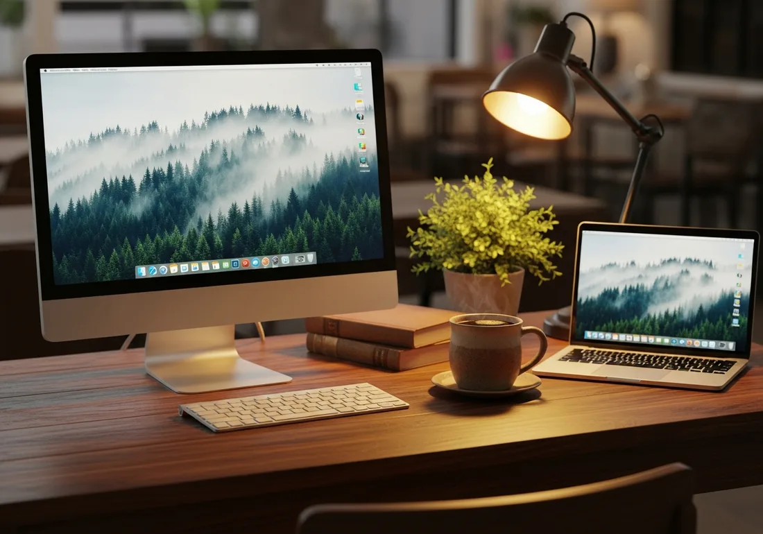 Warm coffee-house desk setup