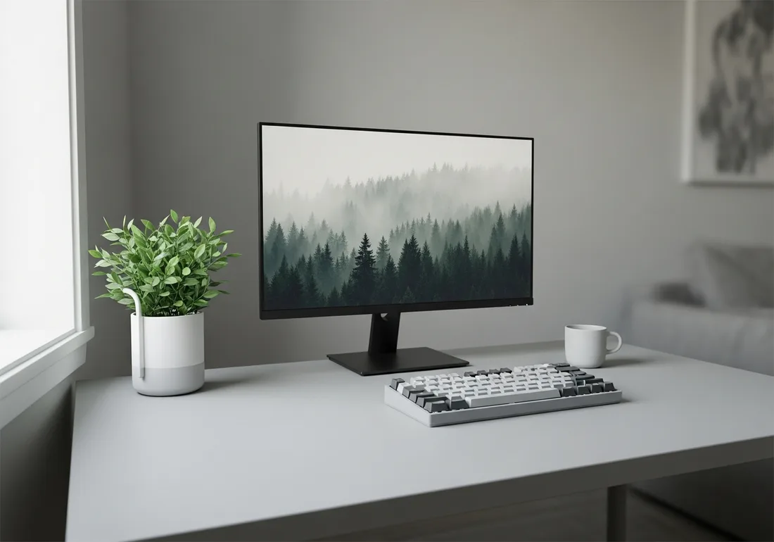 Soft grey calm desk setup