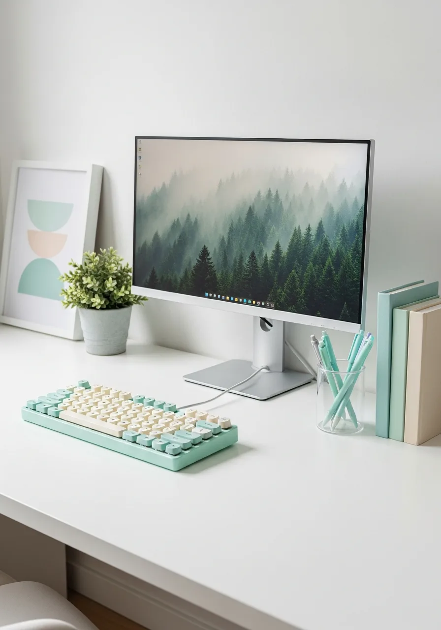 Pastel mint fresh desk setup