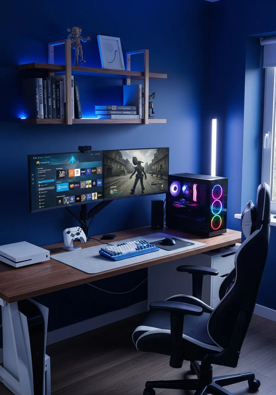 Blue console corner desk setup