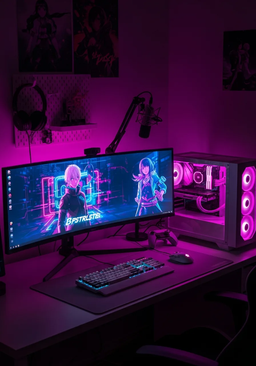 Cyberpunk anime ultrawide desk setup