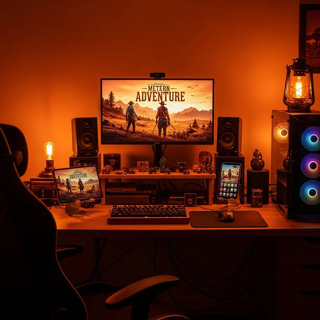 Warm cozy moody desk setup