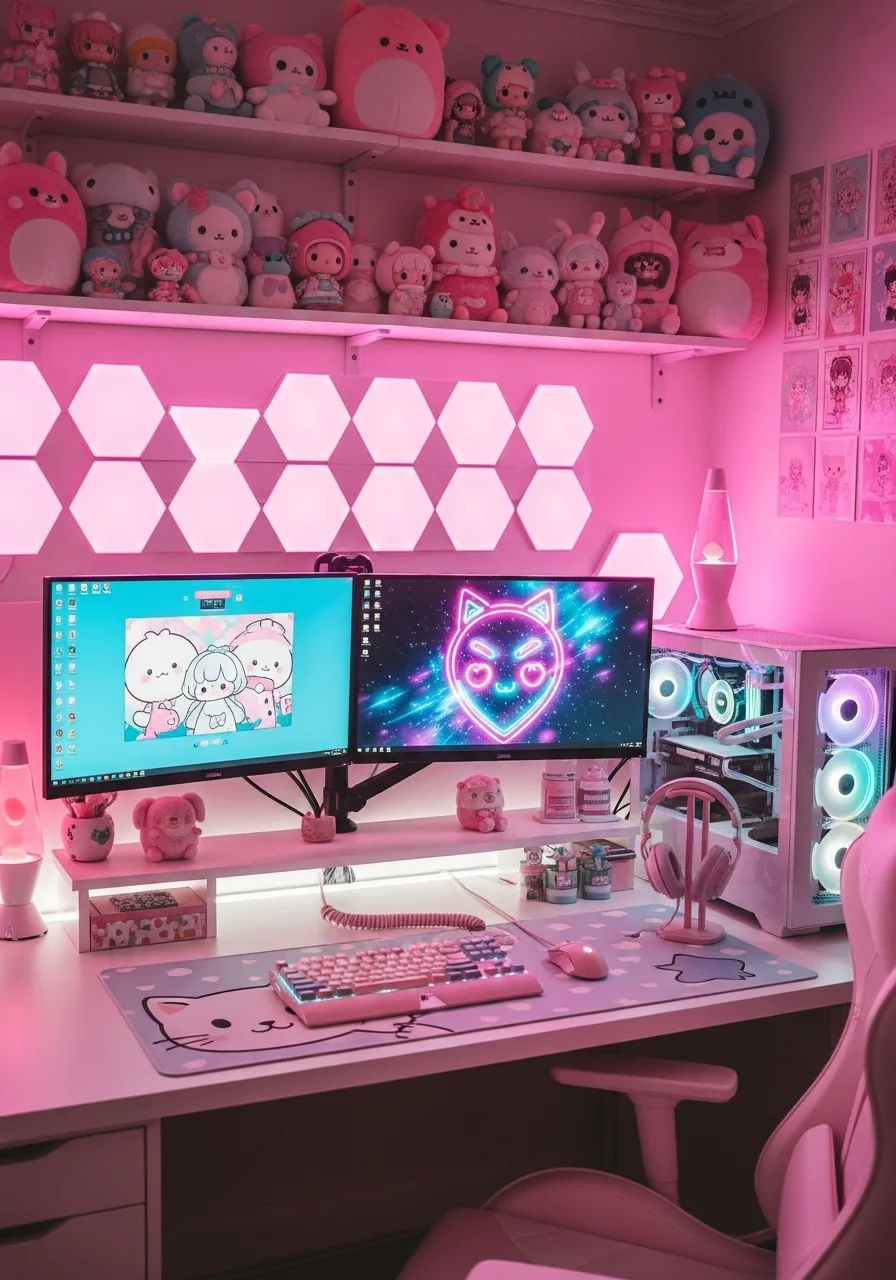 Kawaii pastel gaming desk setup