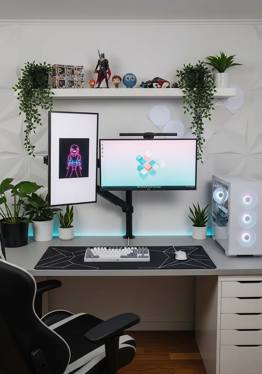 Clean grey dual-monitor desk setup