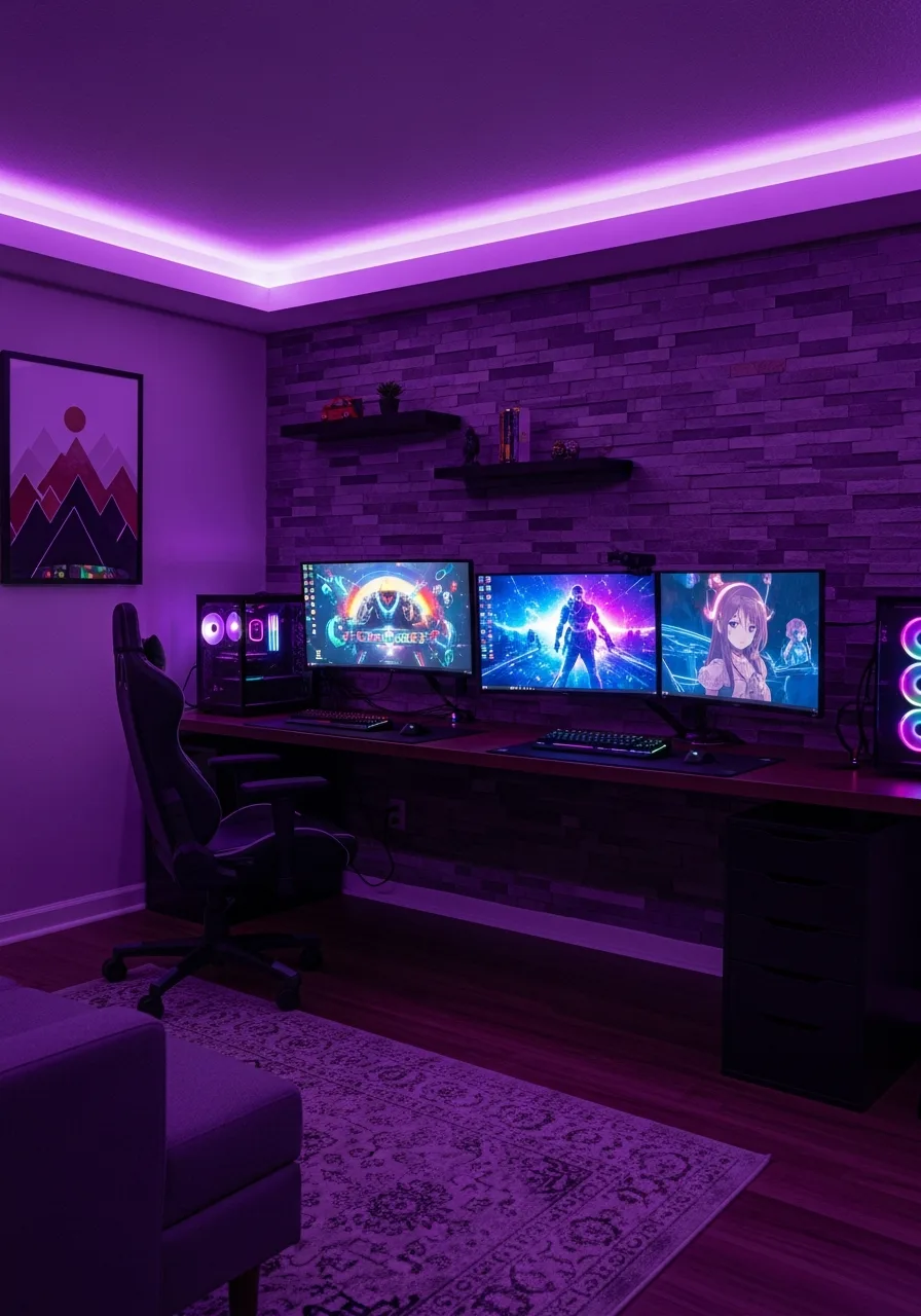 Purple gaming lounge desk setup