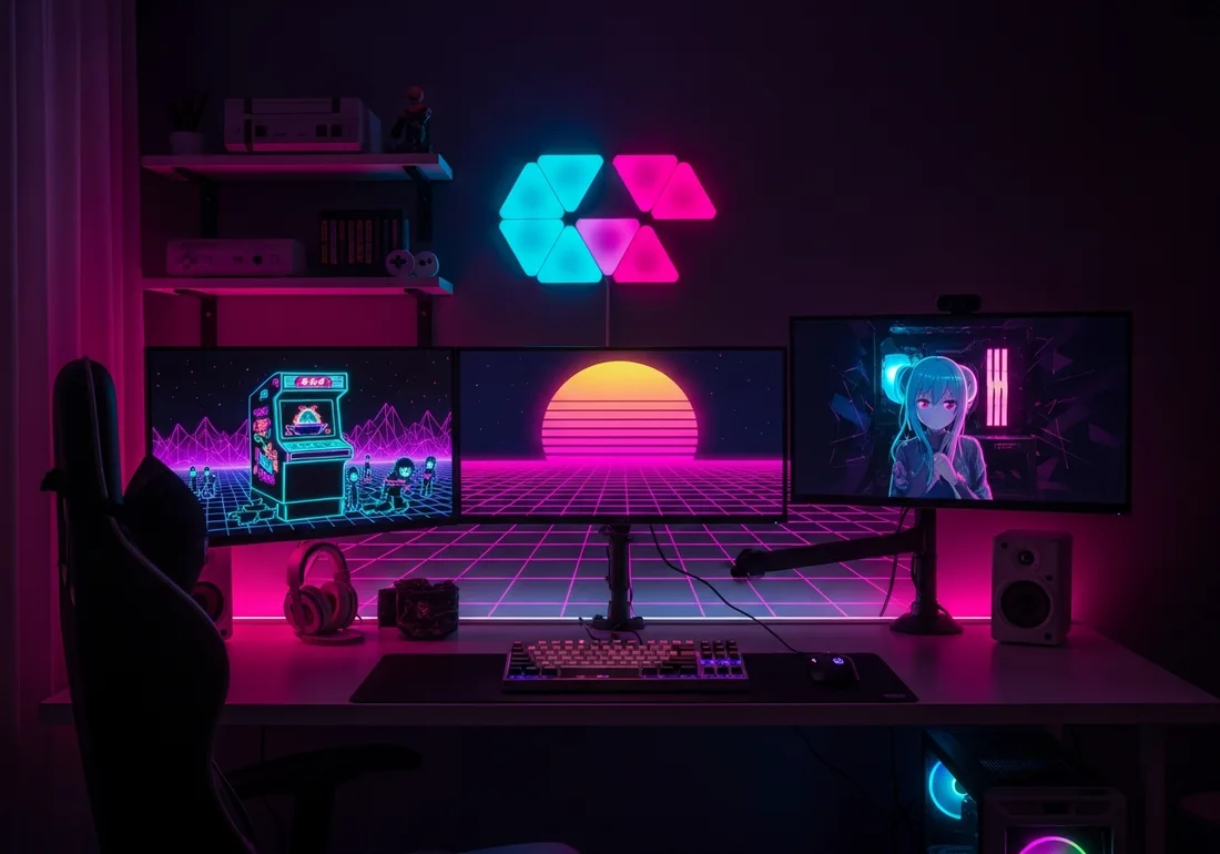 Retro synthwave arcade desk setup
