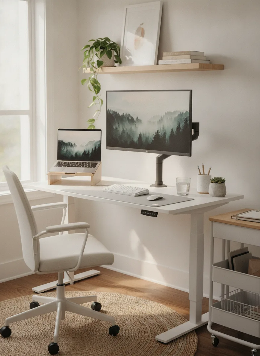 White standing desk corner setup