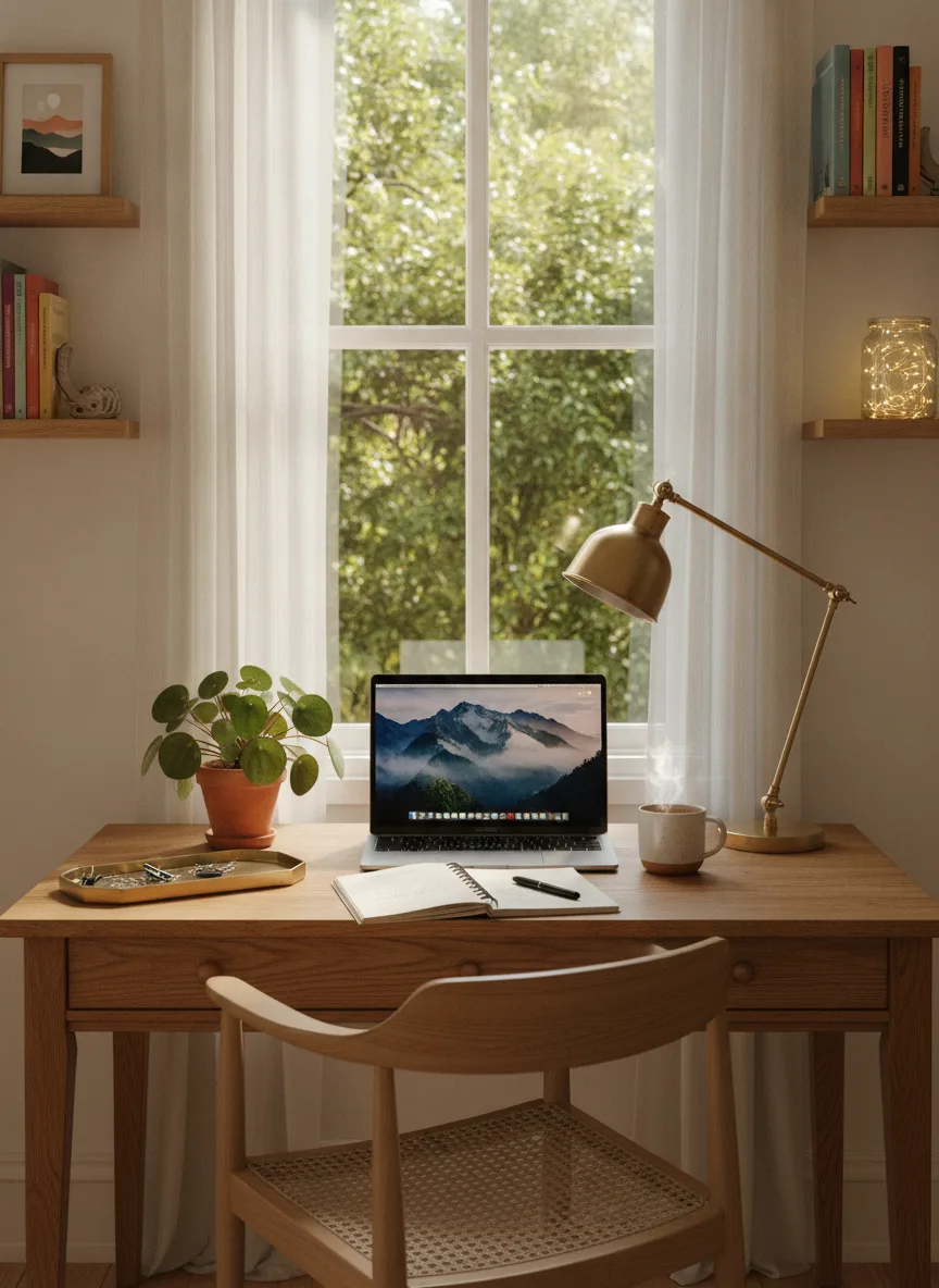 Sunny oak window desk setup