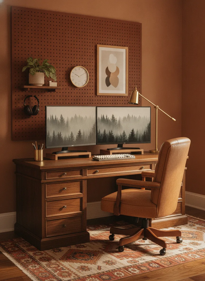 Terracotta dual-monitor office desk setup