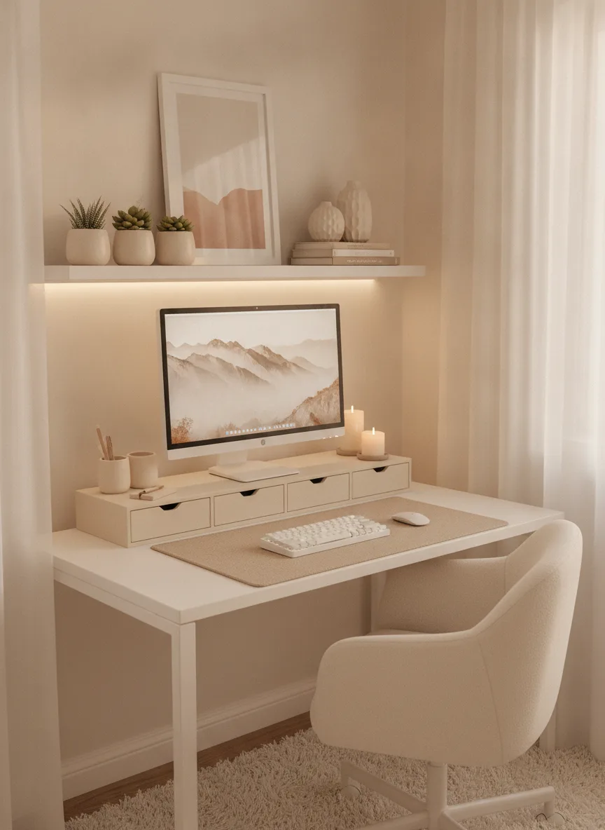 Soft neutral aesthetic desk setup